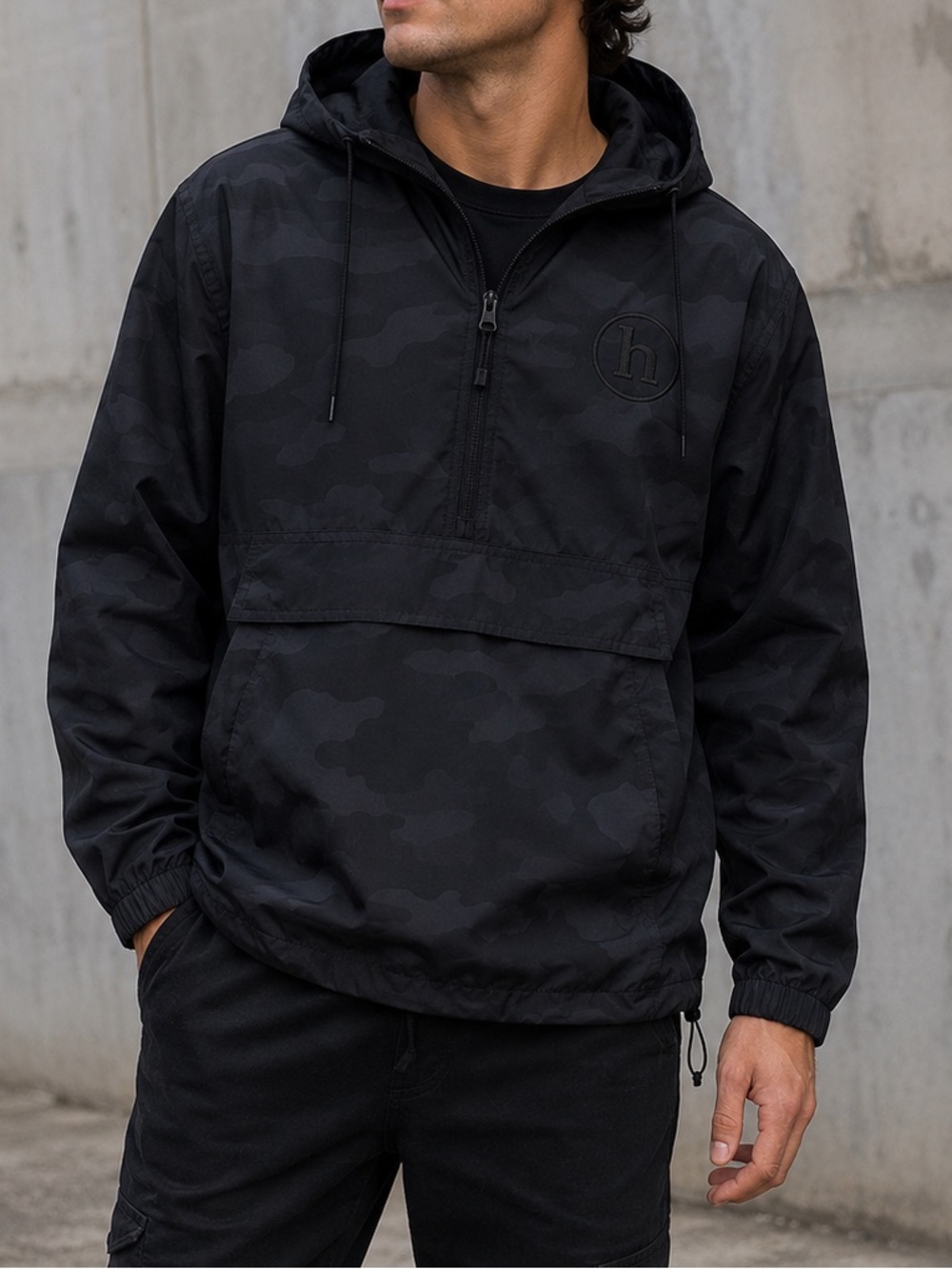 Independent Trading Co Men’s M Black Camo Anorak Windbreaker Hooded Pullover Jac